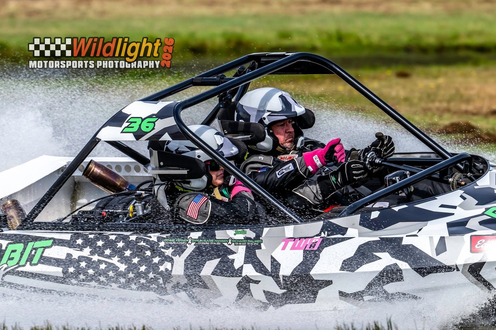 Close-up of the green camo #36 Jetspeed X1 in a turn, photo by Wildlight Motorsports Photography